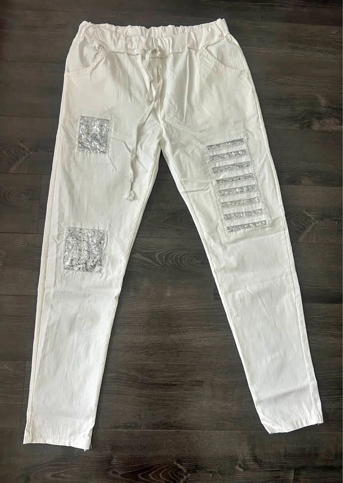 Made in Italy White Sequin Patch Joggers Size M/L