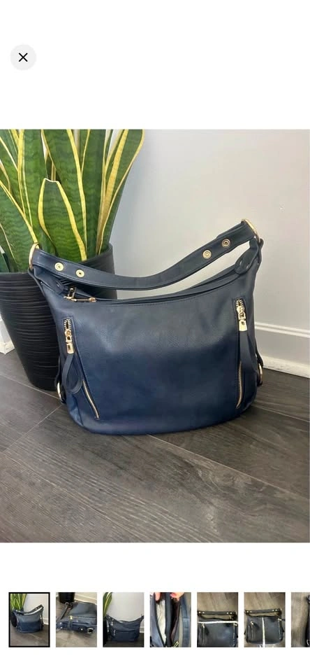 Navy Blue Hobo Shoulder Bag Vegan Leather Gold Hardware Zip