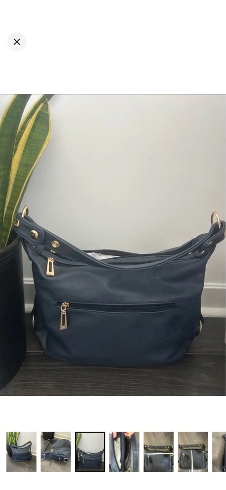 Navy Blue Hobo Shoulder Bag Vegan Leather Gold Hardware Zip - photo 2