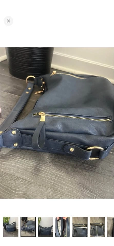 Navy Blue Hobo Shoulder Bag Vegan Leather Gold Hardware Zip - photo 3