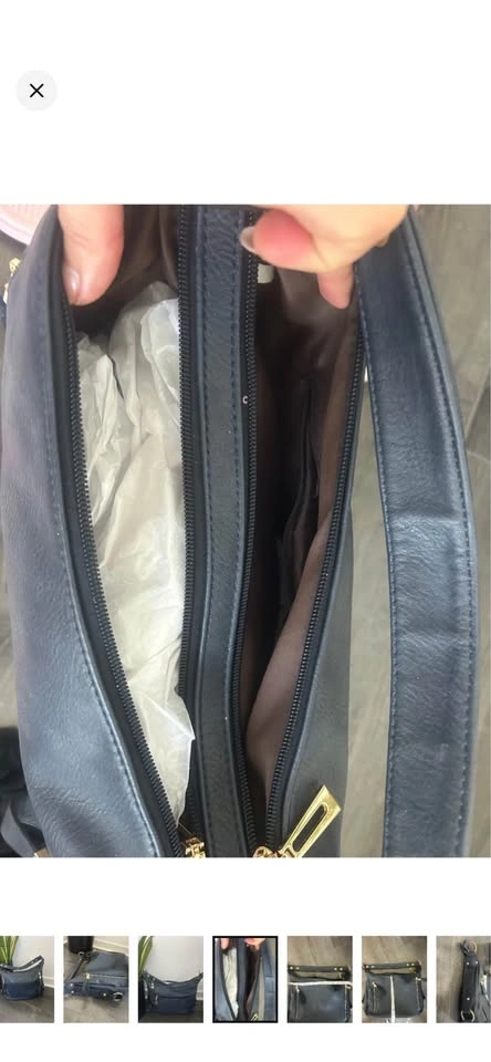 Navy Blue Hobo Shoulder Bag Vegan Leather Gold Hardware Zip - photo 4