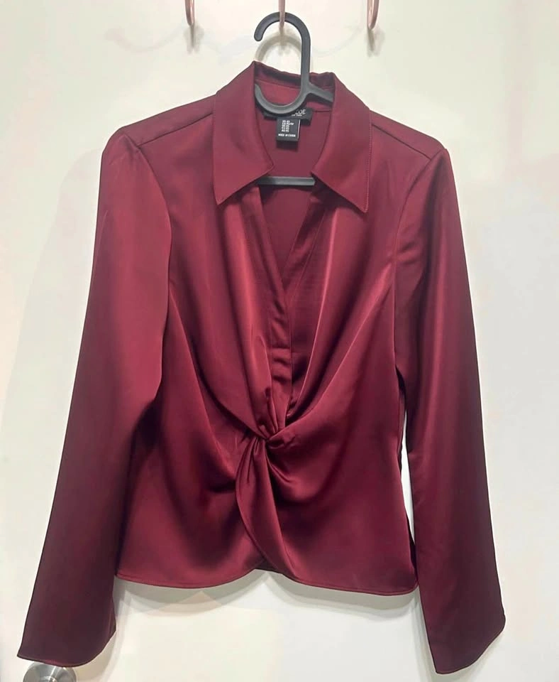 Rachel Zoe Burgundy Satin Twist Front Long Sleeve Blouse Top