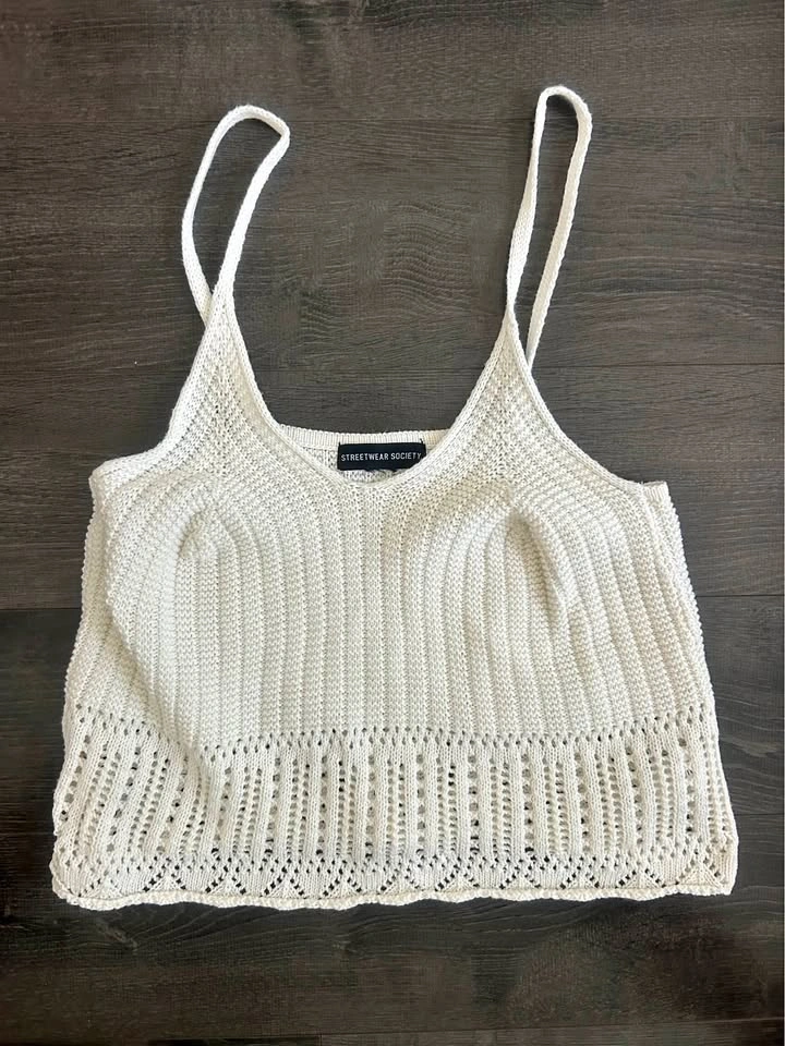 Streetwear Society Off White Crochet Knit V Neck Cami Crop