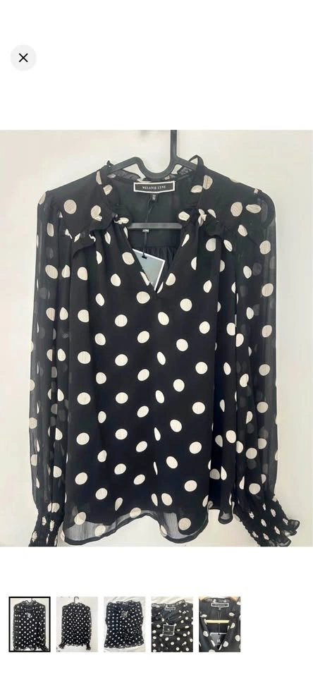 NWT Melanie Lyne Black Cream Polka Dot Ruffle Blouse Size XS