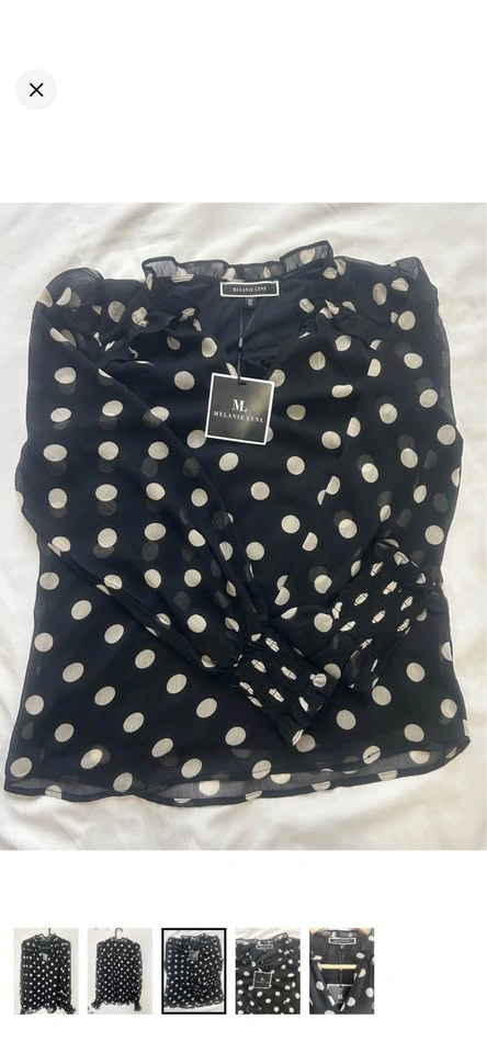 NWT Melanie Lyne Black Cream Polka Dot Ruffle Blouse Size XS - photo 5