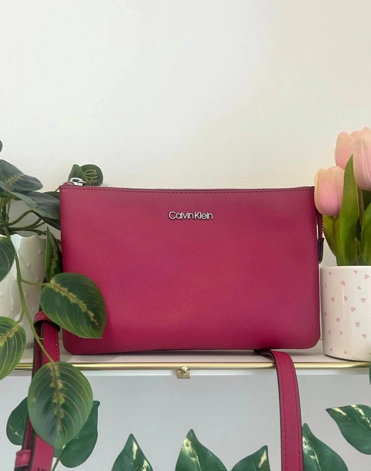 CALVIN KLEIN Magenta Pink Crossbody Bag Silver Logo Double Zip