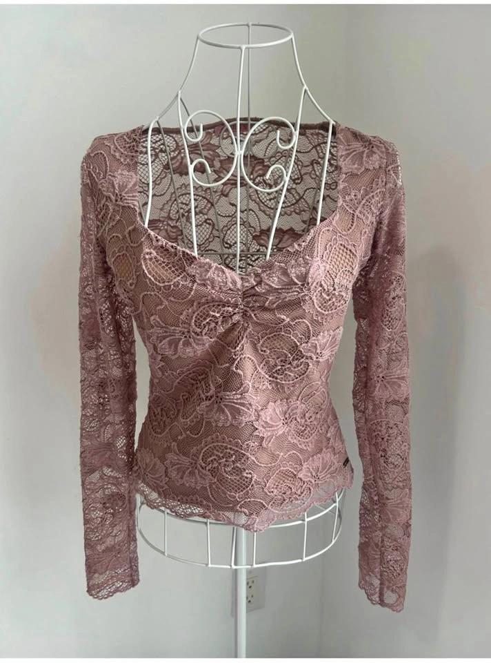 GUESS Dusty Rose Floral Lace Long Sleeve Top - Size XS