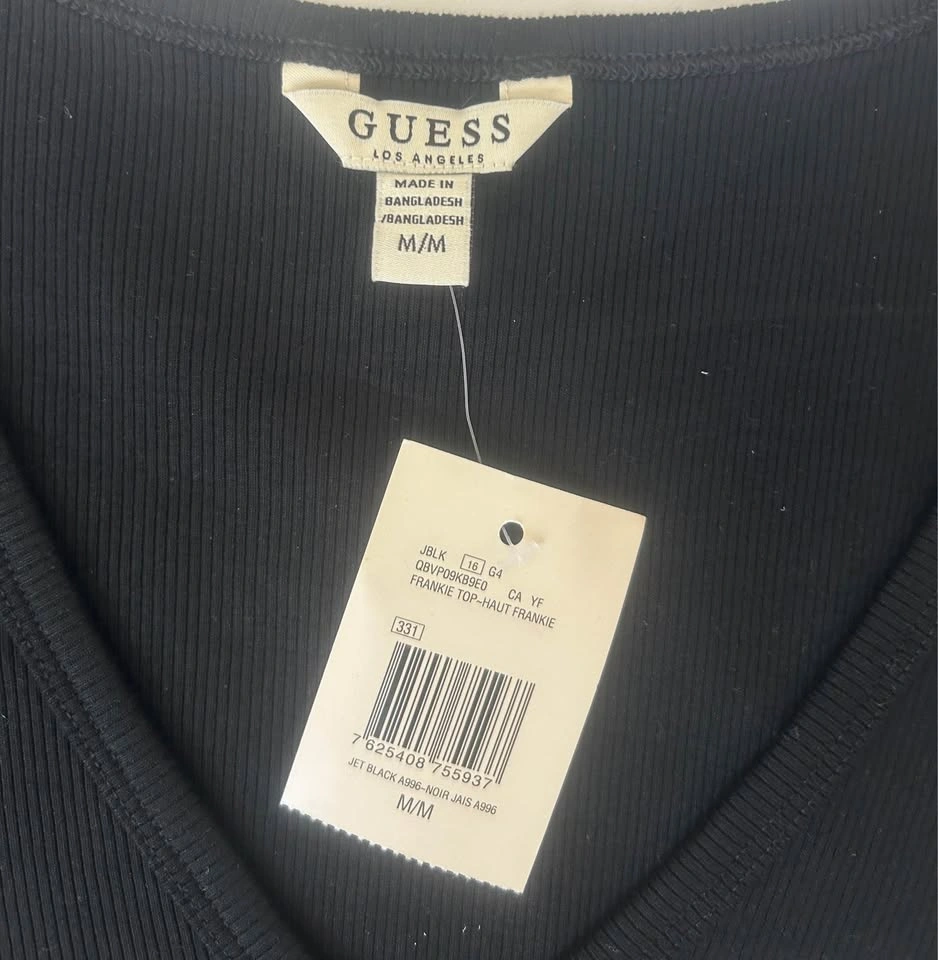 NWT GUESS Los Angeles Black Ribbed V-Neck Rhinestone Tee M - photo 4