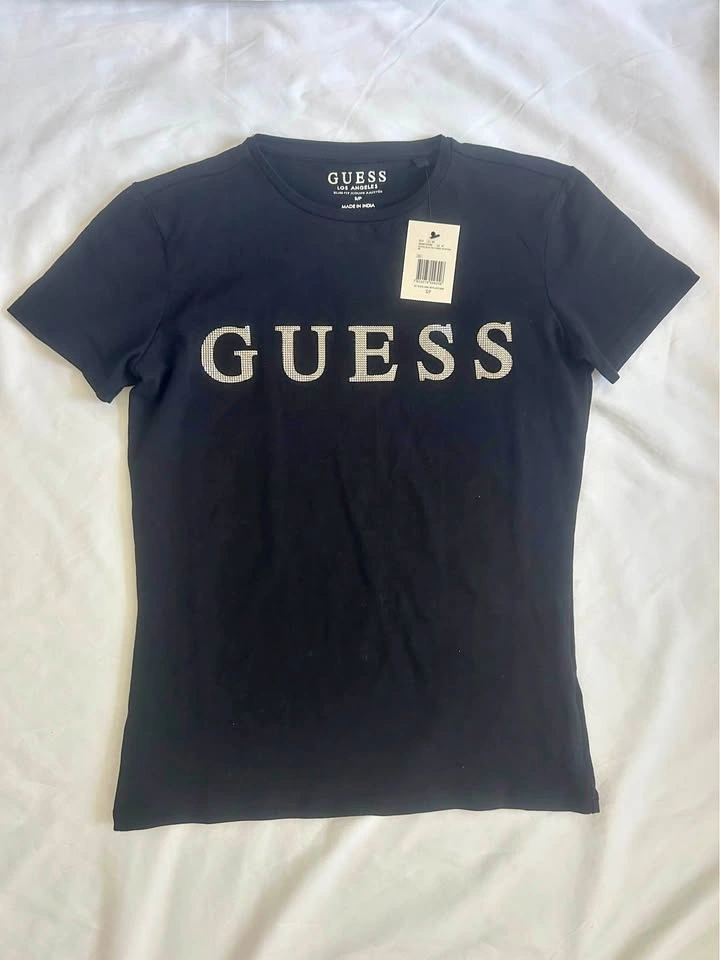 NWT GUESS Rhinestone Logo Tee Y2K Black Slim Fit Top /Size S
