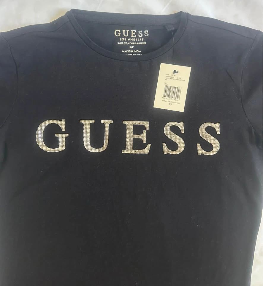 NWT GUESS Rhinestone Logo Tee Y2K Black Slim Fit Top /Size S - photo 2