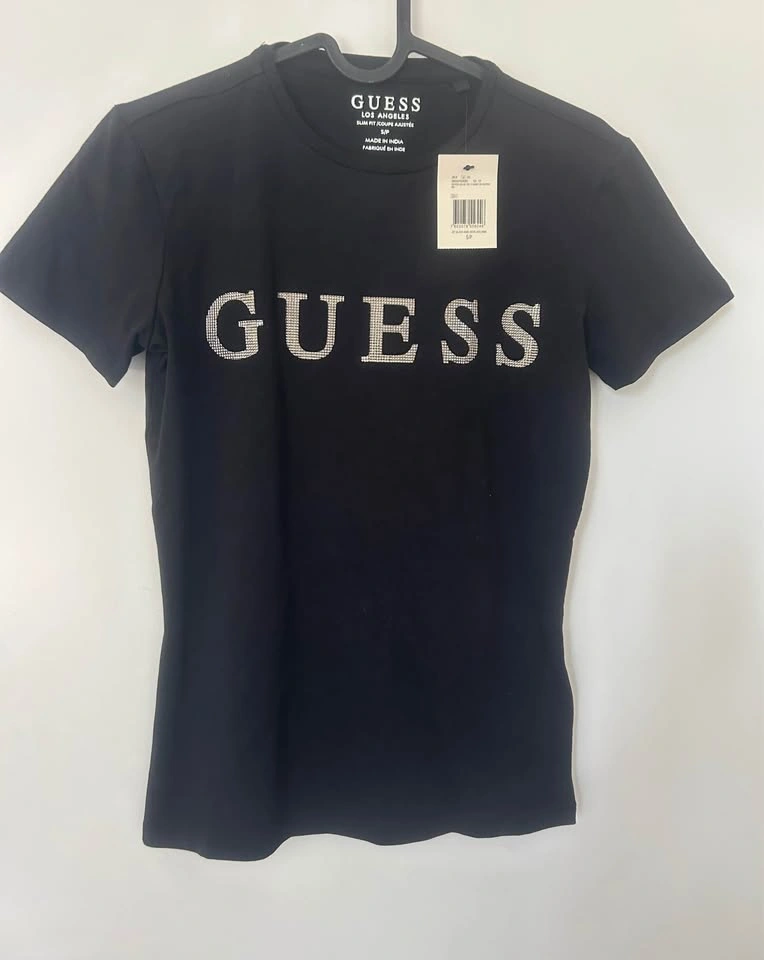 NWT GUESS Rhinestone Logo Tee Y2K Black Slim Fit Top /Size S - photo 3