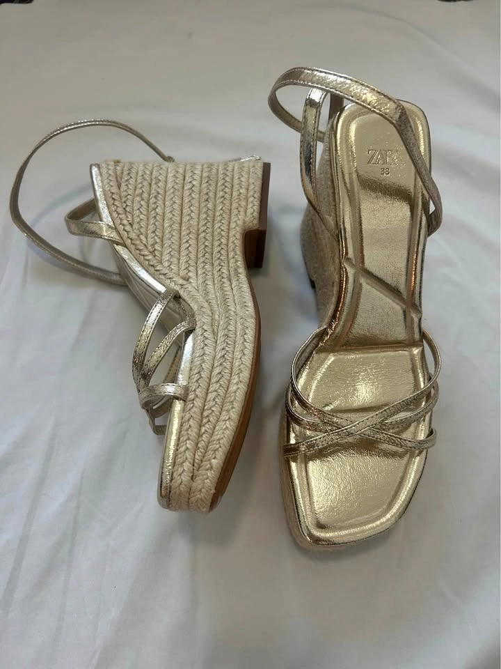 Zara Metallic Gold Strappy Espadrille Wedge Platform Sandals