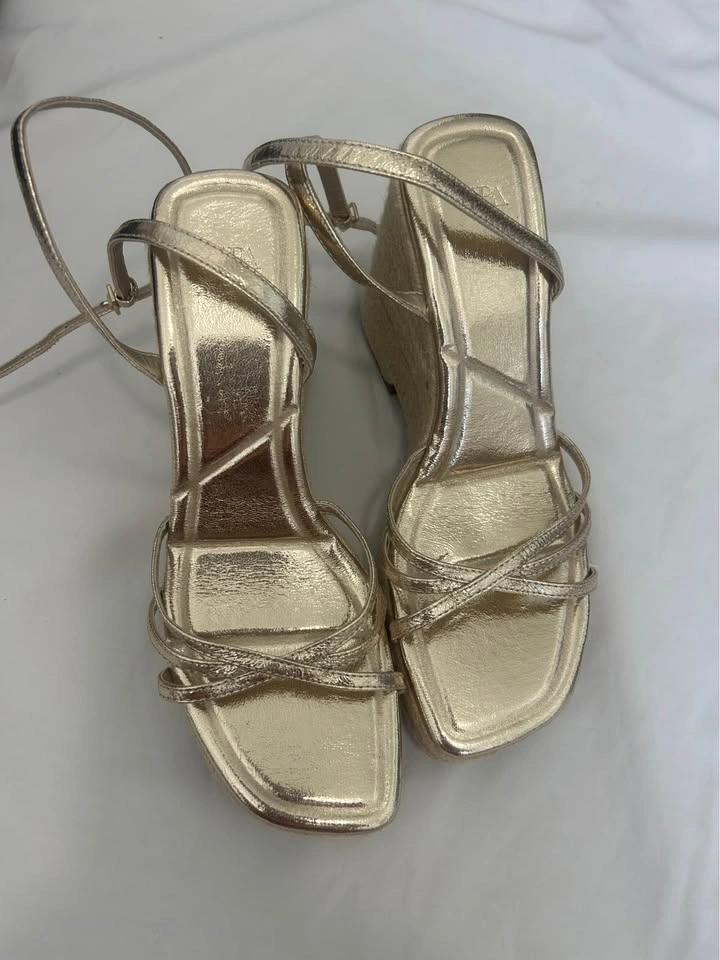 Zara Metallic Gold Strappy Espadrille Wedge Platform Sandals - photo 2