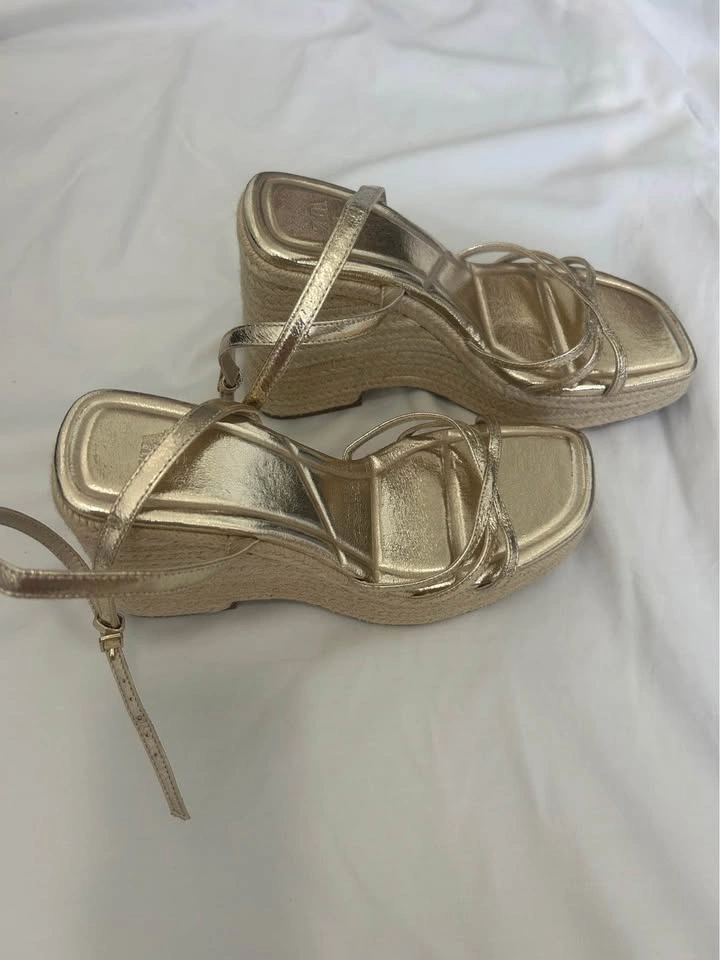 Zara Metallic Gold Strappy Espadrille Wedge Platform Sandals - photo 3