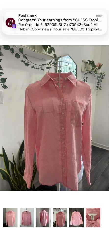 H&M Pink 100% Linen Button Down Shirt Long Sleeve Pocket Top