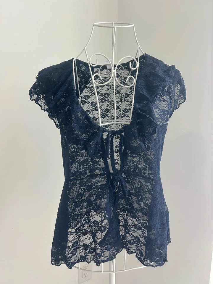 Short Sleeve Coquette Open-Front Lace Ruffle Top/ XS