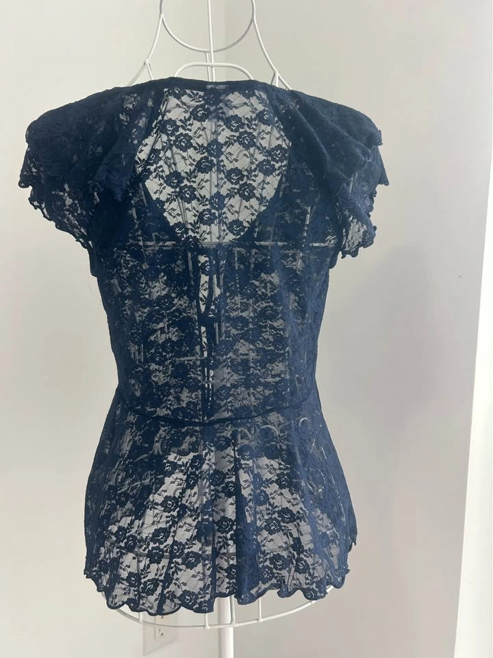Short Sleeve Coquette Open-Front Lace Ruffle Top/ XS - photo 2