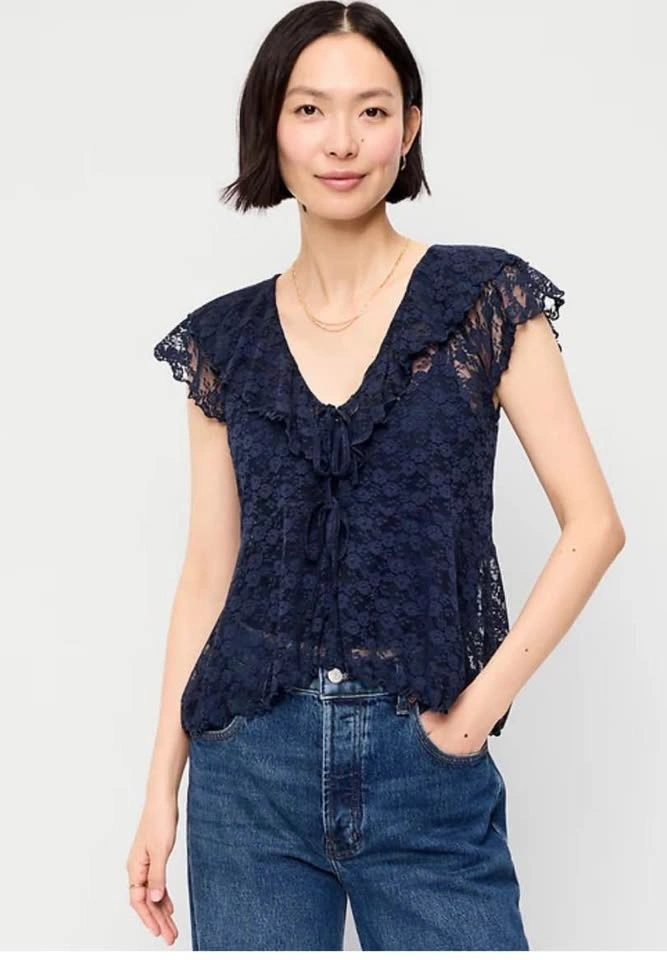 Short Sleeve Coquette Open-Front Lace Ruffle Top/ XS - photo 5