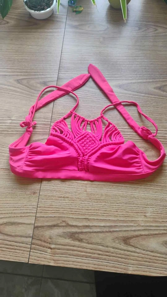George Hot Pink Macramé Halter Bikini Top Medium