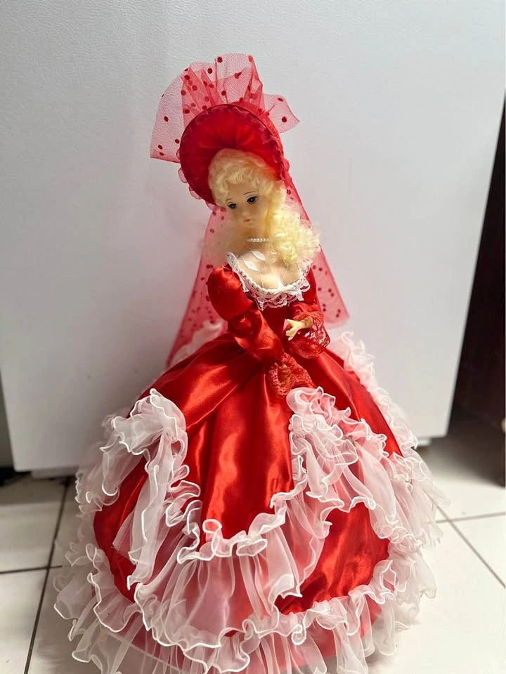 Vintage Wind-Up Musical Red Dress Doll
