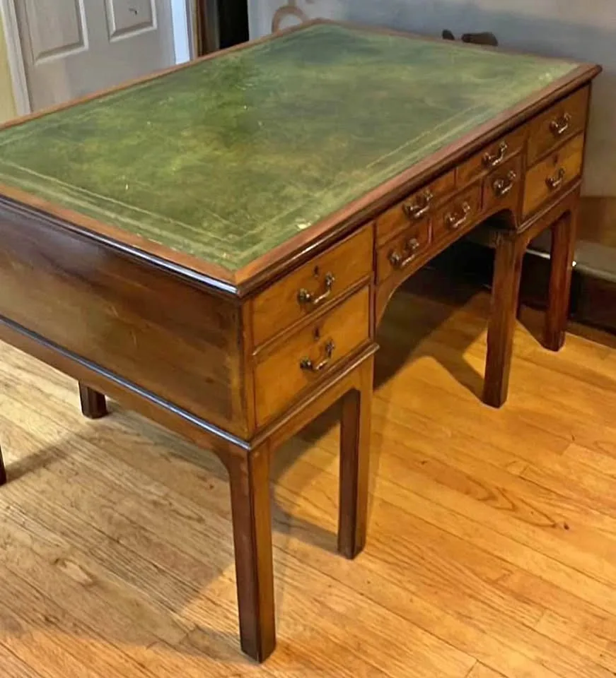 Mahogany Antique Desk With Green Leather Inlay thumbnail