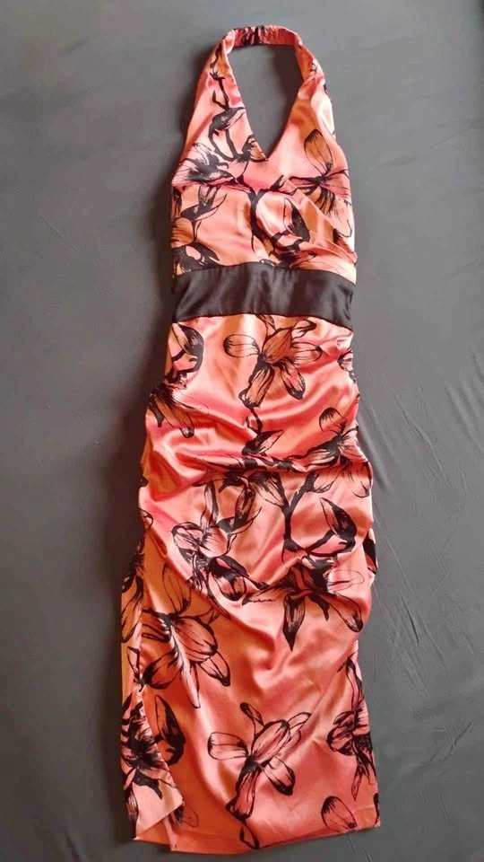 Le Chateau Vintage-style Coral Satin Halter Midi Dress XXS