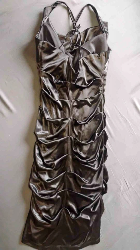 Vintage Y2K Black Metallic Satin Ruched Halter Dress XS