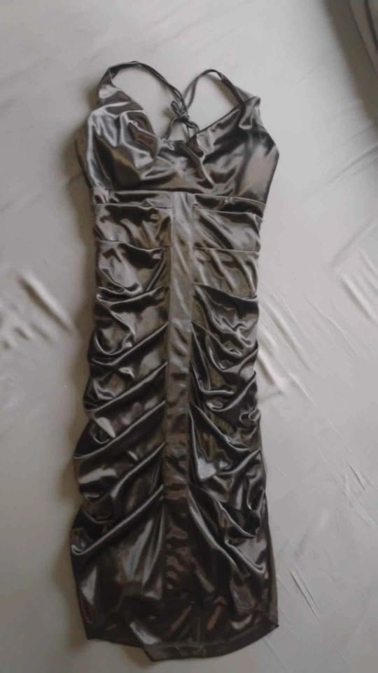 Vintage Y2K Black Metallic Satin Ruched Halter Dress XS - photo 2