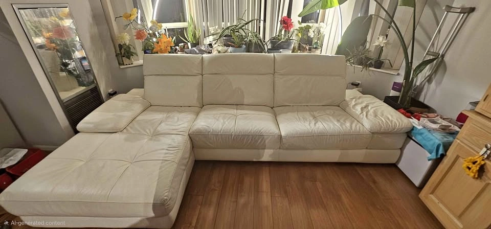 Modern Cream Leather Sectional Sofa with Chaise