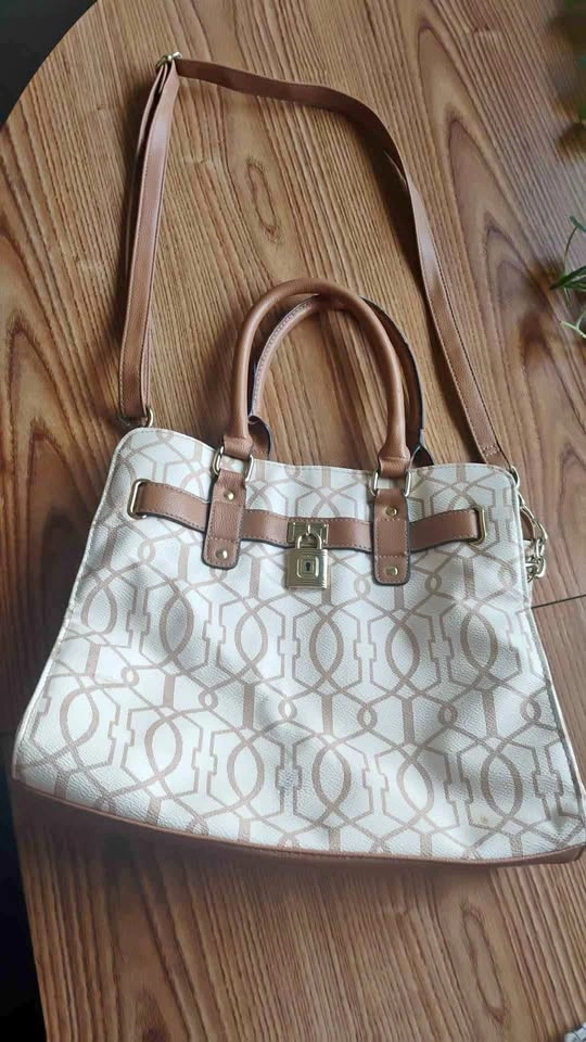 Dasein Cream and Brown Monogram Top-Handle Satchel Handbag