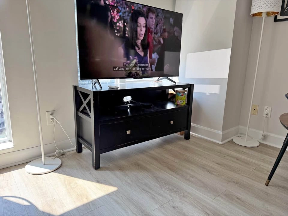 Black Solid Wood TV Stand with 2 Drawers