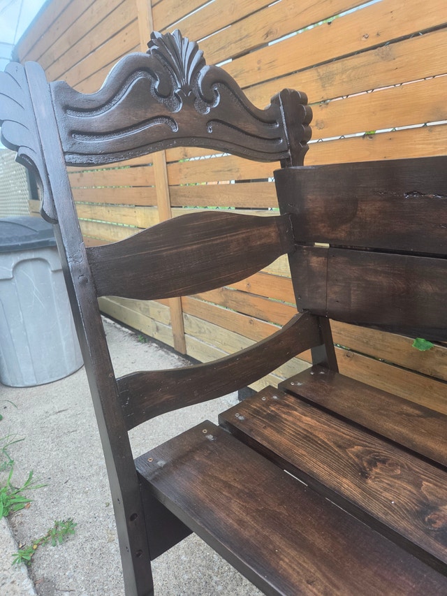 Wooden bench made from antique chairs