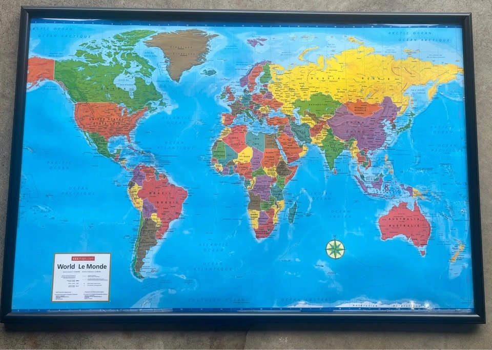 Framed World Le Monde Map by CCC Maps