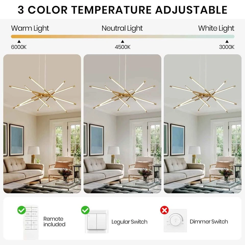 LIGJOY 12 Lights Gold LED Sputnik Chandelier, NEW - photo 2