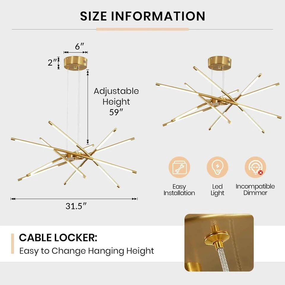 LIGJOY 12 Lights Gold LED Sputnik Chandelier, NEW - photo 3