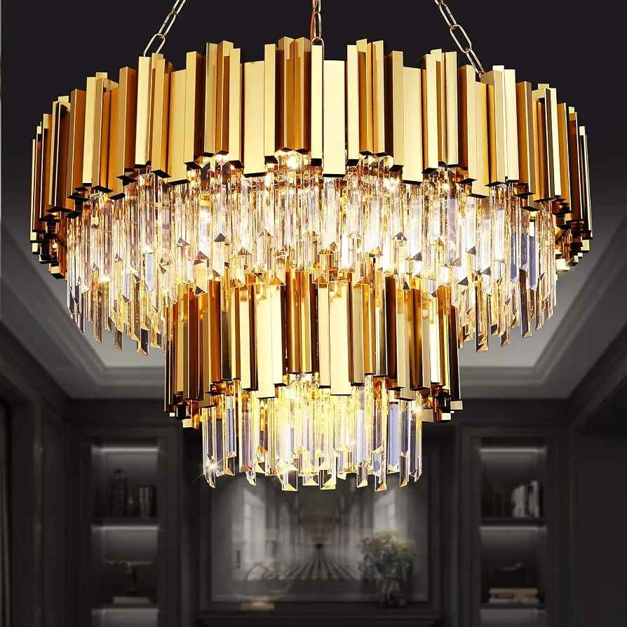 HOTIPRO 29 Inch 2-Tier 17-Bulb Gold Crystal Chandelier - photo 2