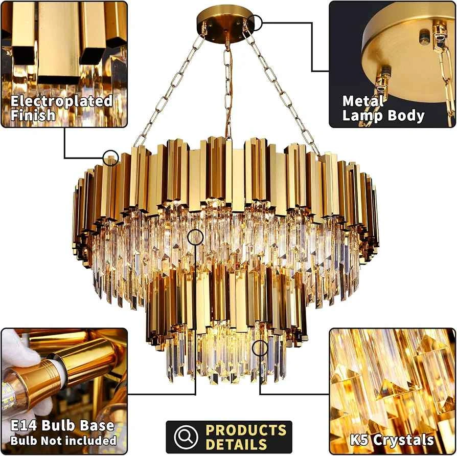 HOTIPRO 29 Inch 2-Tier 17-Bulb Gold Crystal Chandelier - photo 5