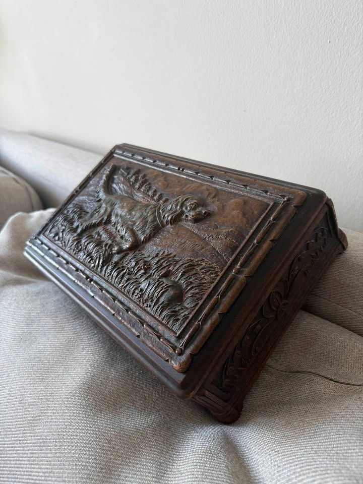 Vintage Carved Wood Jewelry / Keepsake Box – Irish Setter Huntin - photo 3