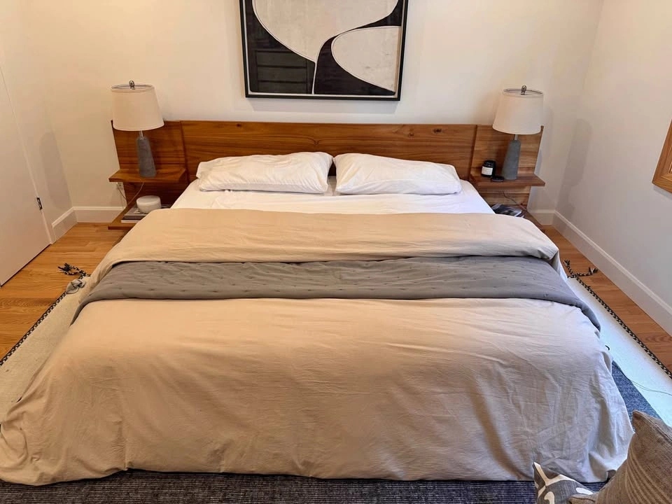 CB2 Andes Acacia Wood Platform King Bed with Integrated Nightsta