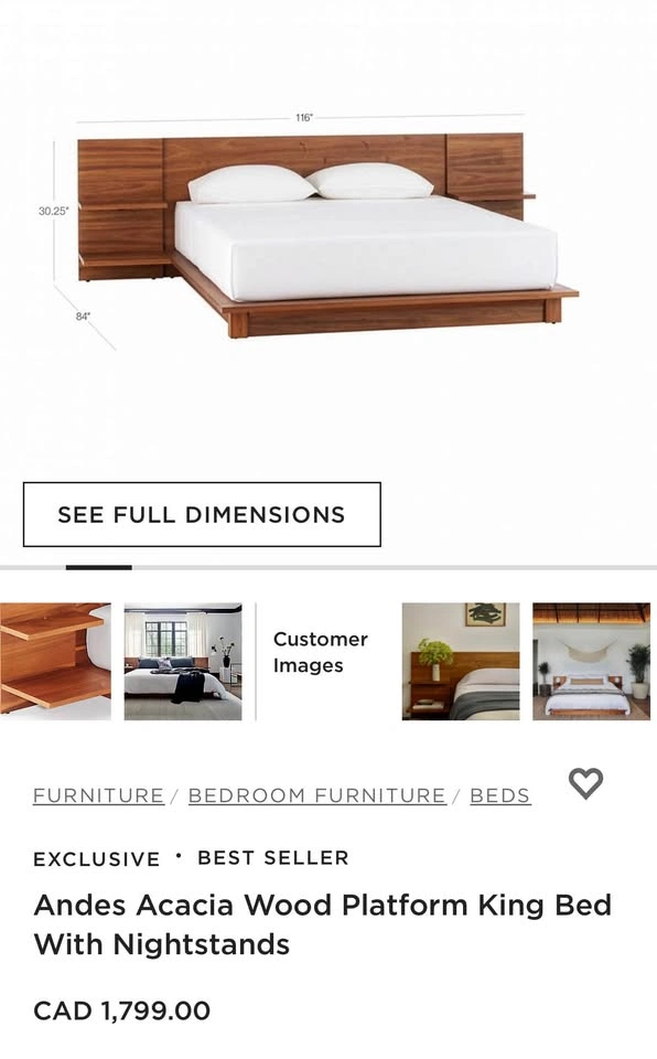 CB2 Andes Acacia Wood Platform King Bed with Integrated Nightsta - photo 3