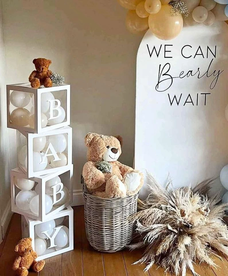 New Baby shower decor: balloon boxes, LED sign, floral arch