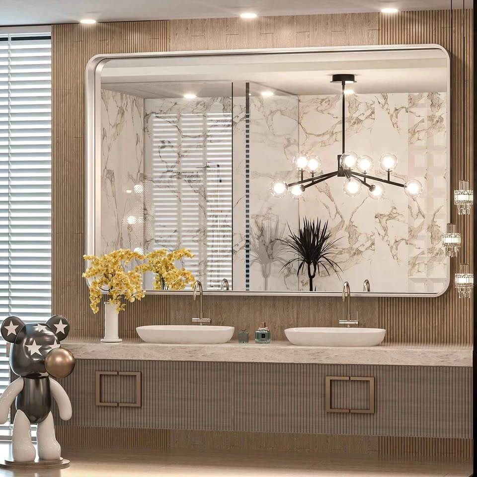 Tokeshimo 48x36 Inch Brushed Silver Bathroom Vanity Mirror
