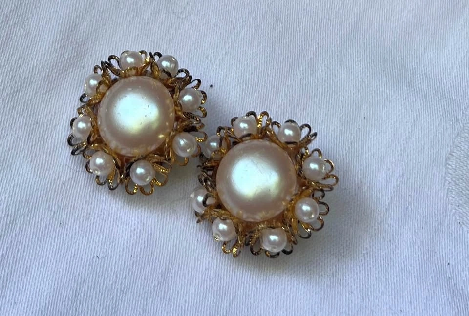 Vintage Filigree Clip On Earrings Faux Pearls