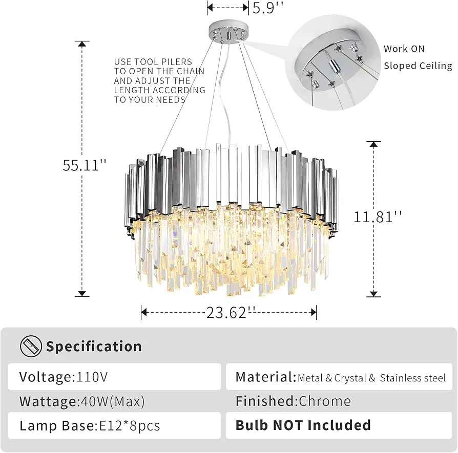 MarkDee 24" Chrome Round Modern 8 Lights Crystal Chandelier - photo 3