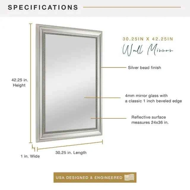BRAND NEW MCS 42 x 30 Inch Silver Beaded Rectangular Wall Mirror - photo 5