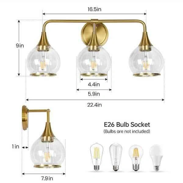 NEW HAHZT 3-Light 22.4 Inch Gold Bathroom Vanity Light - photo 5