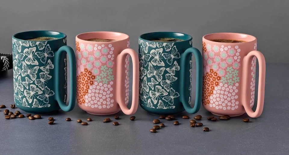 New & Packed Stoneware Tea/Coffee Mugs with Flower Design