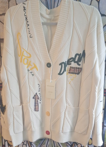 ebossy Cable-Knit Cardigan Sweater White L Button Embroidered Pa