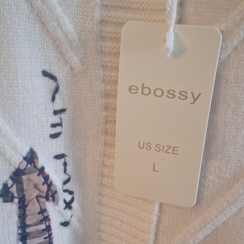 ebossy Cable-Knit Cardigan Sweater White L Button Embroidered Pa - photo 2