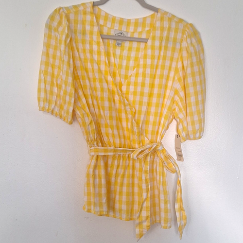 St. John's Bay Yellow White Gingham Wrap V-Neck Tie Puff Sleeve